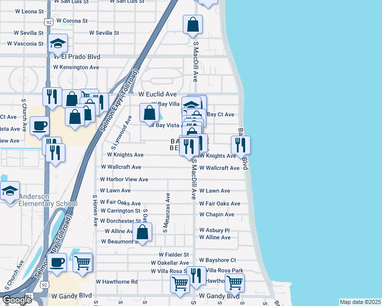 map of restaurants, bars, coffee shops, grocery stores, and more near in Tampa