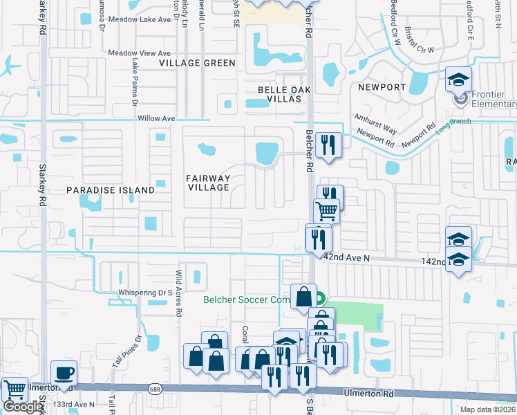 map of restaurants, bars, coffee shops, grocery stores, and more near 213 Birdie Road East in Largo