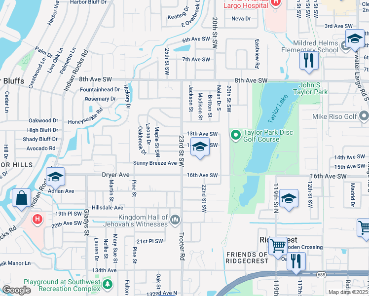 map of restaurants, bars, coffee shops, grocery stores, and more near 2403 14th Avenue Southwest in Largo