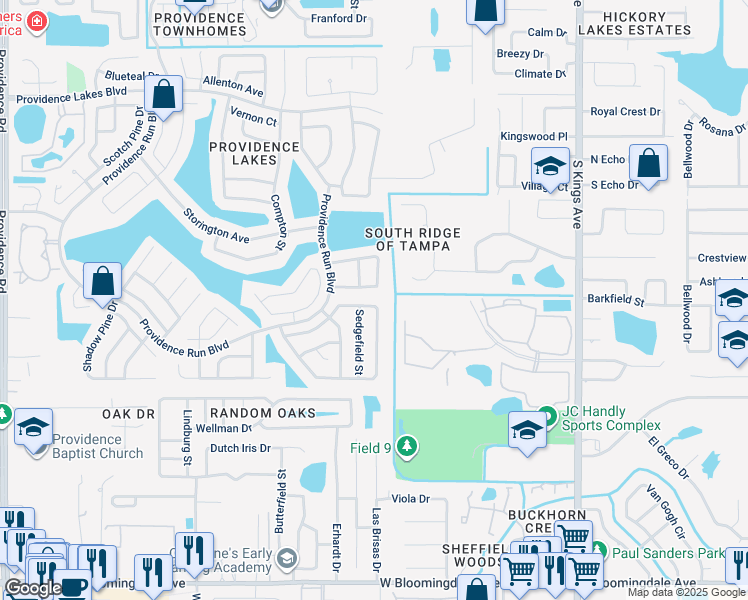 map of restaurants, bars, coffee shops, grocery stores, and more near 1428 Lakehurst Way in Brandon