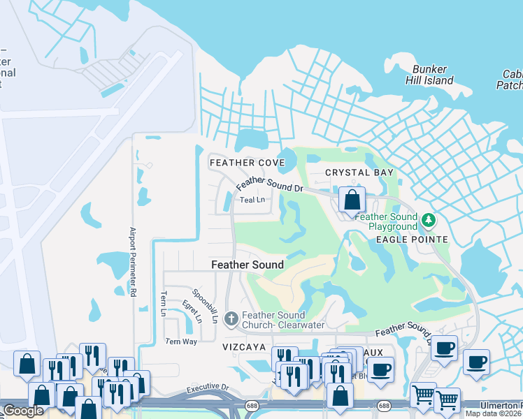 map of restaurants, bars, coffee shops, grocery stores, and more near 2950 Teal Lane in Clearwater