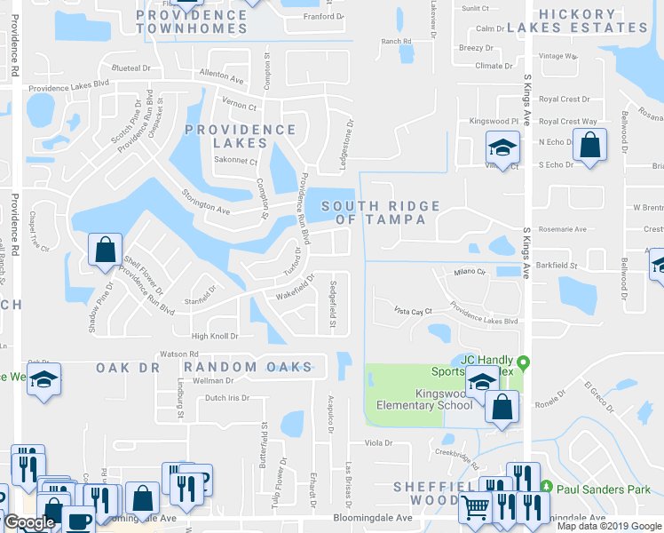 map of restaurants, bars, coffee shops, grocery stores, and more near 1518 Wakefield Drive in Brandon