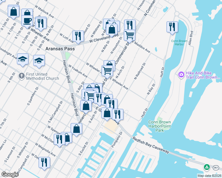 map of restaurants, bars, coffee shops, grocery stores, and more near 161 South Arch Street in Aransas Pass