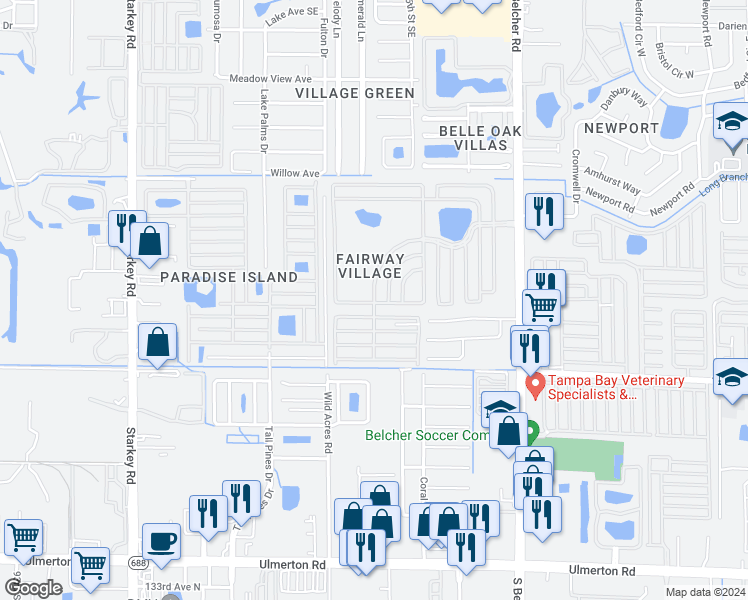 map of restaurants, bars, coffee shops, grocery stores, and more near 400 Fairway Boulevard in Largo