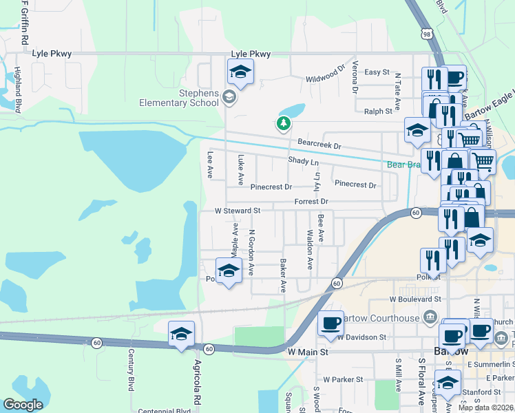 map of restaurants, bars, coffee shops, grocery stores, and more near 975 Forrest Drive in Bartow
