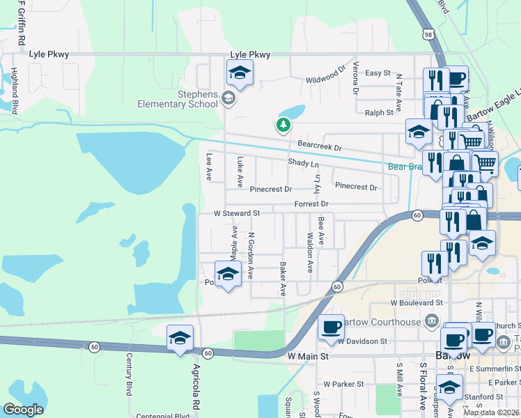 map of restaurants, bars, coffee shops, grocery stores, and more near 975 Forrest Drive in Bartow
