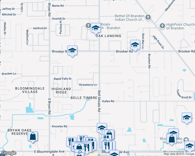 map of restaurants, bars, coffee shops, grocery stores, and more near 2806 Bell Shoals Road in Brandon