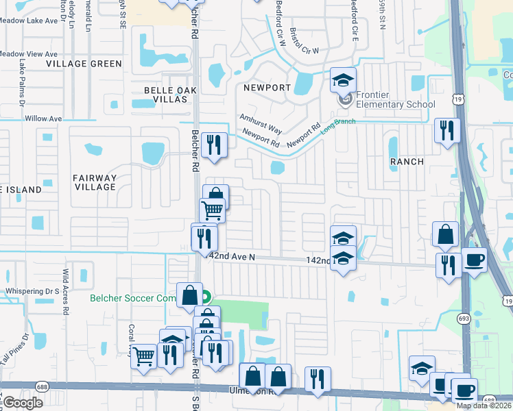map of restaurants, bars, coffee shops, grocery stores, and more near Crown Circle in Largo