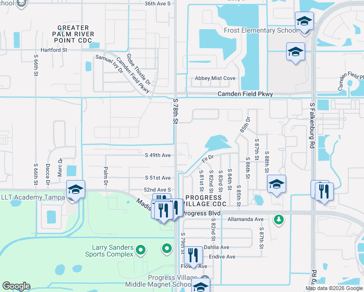 map of restaurants, bars, coffee shops, grocery stores, and more near 7807 Stumble Journey Lane in Progress Village