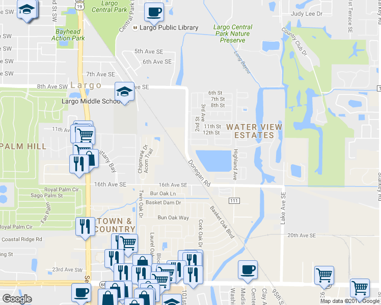 map of restaurants, bars, coffee shops, grocery stores, and more near 1343 Donegan Road in Largo