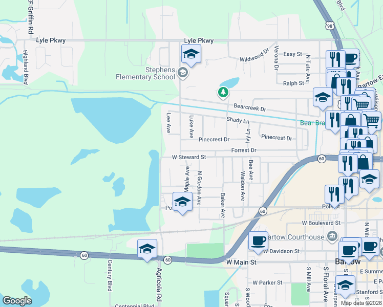 map of restaurants, bars, coffee shops, grocery stores, and more near 1055 Forrest Drive in Bartow