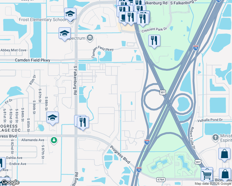 map of restaurants, bars, coffee shops, grocery stores, and more near 4752 Somerset Hill Lane in Riverview