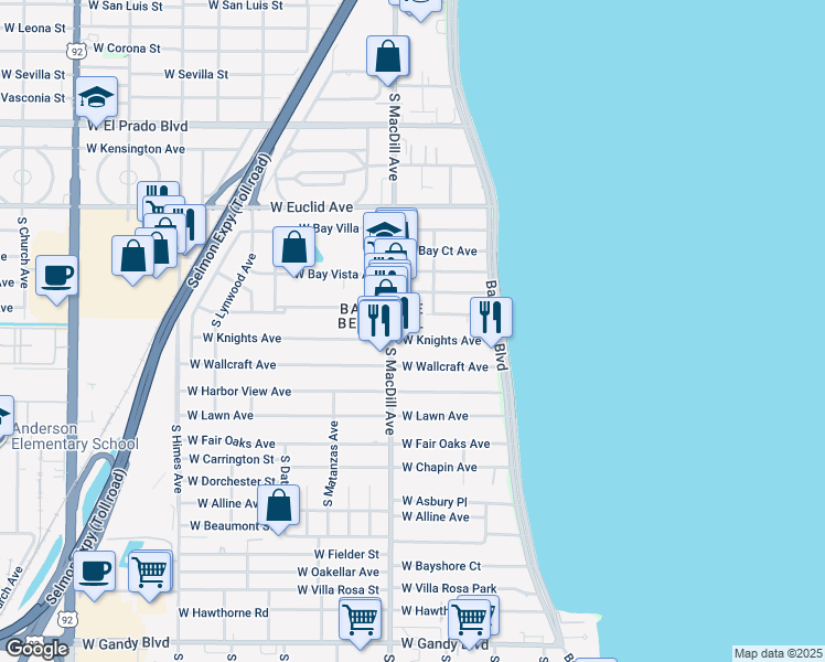 map of restaurants, bars, coffee shops, grocery stores, and more near 2929 West Knights Avenue in Tampa