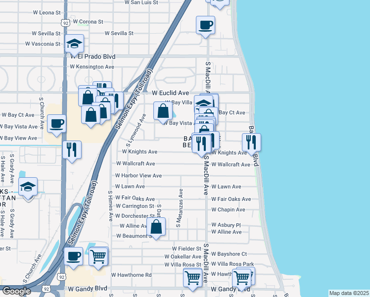 map of restaurants, bars, coffee shops, grocery stores, and more near 3115 West Knights Avenue in Tampa
