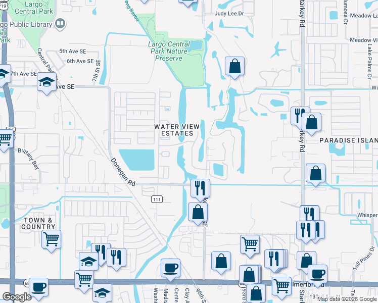 map of restaurants, bars, coffee shops, grocery stores, and more near 1420 Water View Drive West in Largo