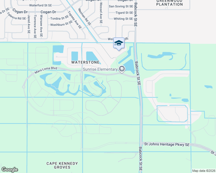 map of restaurants, bars, coffee shops, grocery stores, and more near 3587 Plume Way in Palm Bay