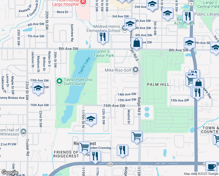 map of restaurants, bars, coffee shops, grocery stores, and more near 1410 Parkview Lane in Largo
