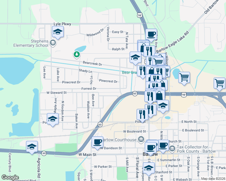 map of restaurants, bars, coffee shops, grocery stores, and more near 655 Forrest Drive in Bartow