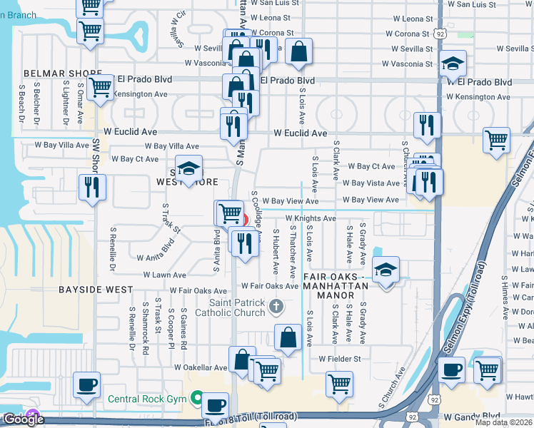 map of restaurants, bars, coffee shops, grocery stores, and more near 4305 West Knights Avenue in Tampa