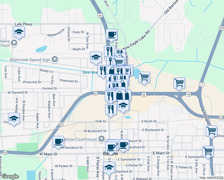 map of restaurants, bars, coffee shops, grocery stores, and more near 1020 U.S. 98 in Bartow