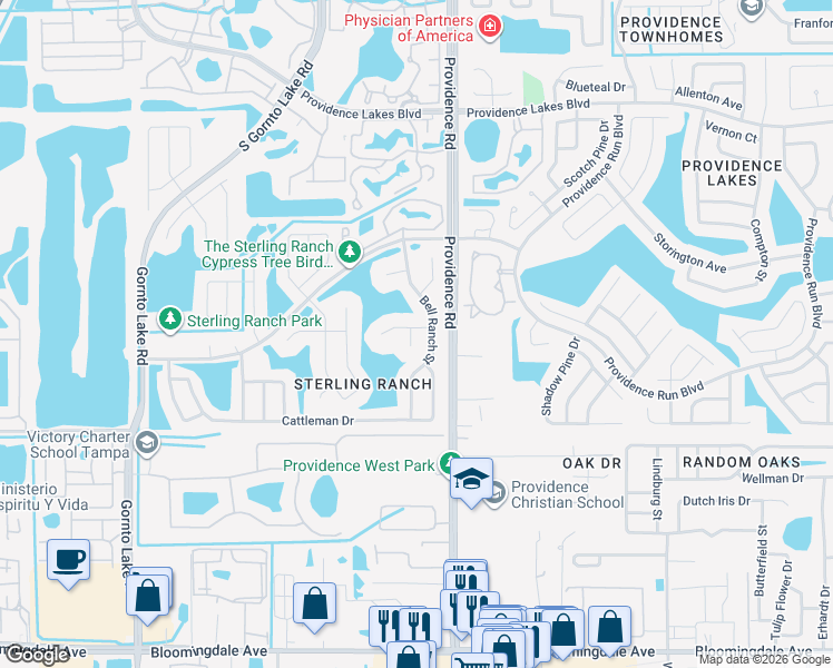 map of restaurants, bars, coffee shops, grocery stores, and more near 1902 Saddle Lake Place in Brandon