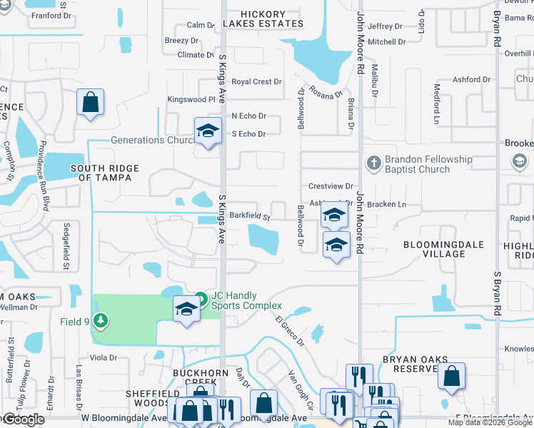 map of restaurants, bars, coffee shops, grocery stores, and more near 628 Barkfield Loop in Brandon