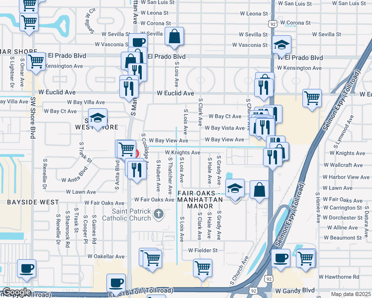 map of restaurants, bars, coffee shops, grocery stores, and more near 4111 West Knights Avenue in Tampa
