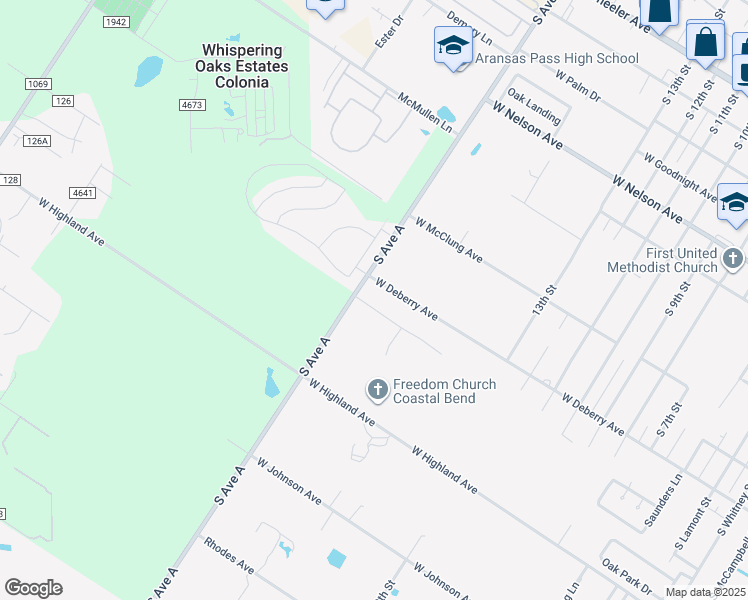 map of restaurants, bars, coffee shops, grocery stores, and more near 1830 Ebert Avenue in Aransas Pass