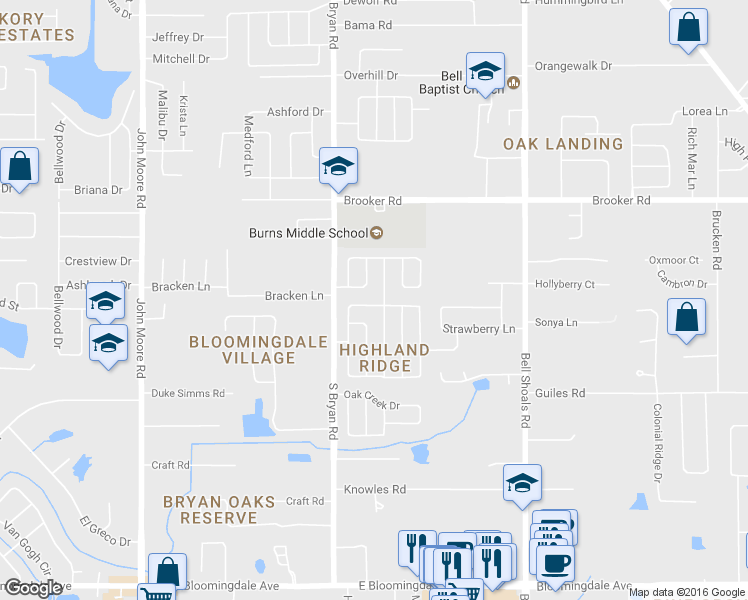 map of restaurants, bars, coffee shops, grocery stores, and more near 649 Rapid Falls Drive in Brandon