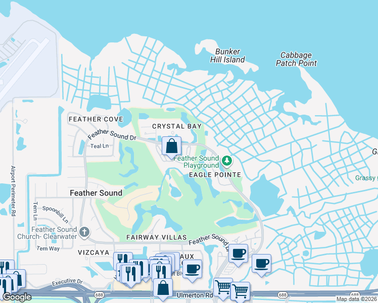 map of restaurants, bars, coffee shops, grocery stores, and more near 2400 Feather Sound Drive in Clearwater