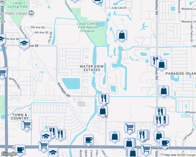 map of restaurants, bars, coffee shops, grocery stores, and more near 1420 Water View Drive West in Largo