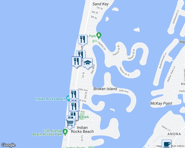 map of restaurants, bars, coffee shops, grocery stores, and more near 201 Bay Boulevard in Indian Rocks Beach