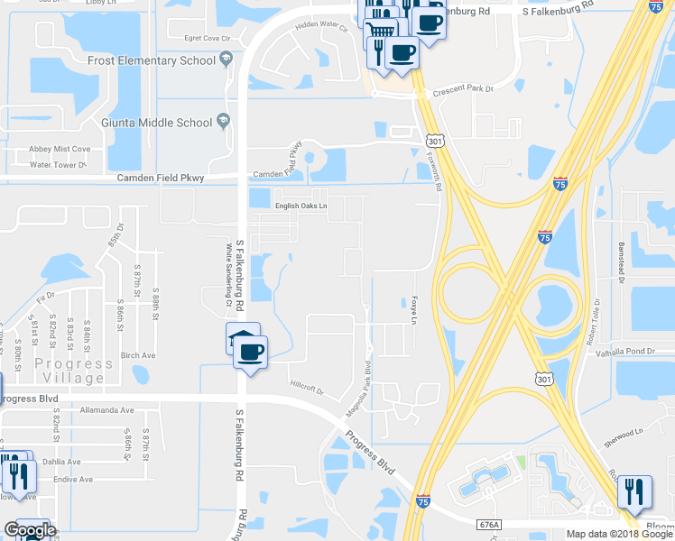 map of restaurants, bars, coffee shops, grocery stores, and more near 4751 Somerset Hill Lane in Riverview