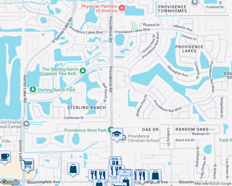 map of restaurants, bars, coffee shops, grocery stores, and more near 1828 Providence Road in Brandon