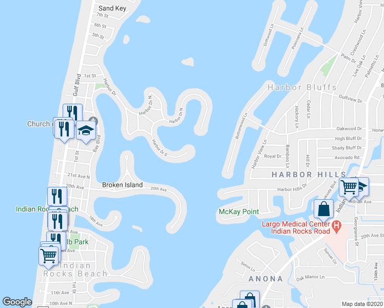 map of restaurants, bars, coffee shops, grocery stores, and more near 493 Harbor Drive South in Indian Rocks Beach