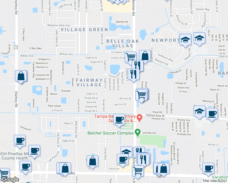 map of restaurants, bars, coffee shops, grocery stores, and more near 213 Birdie Road East in Largo