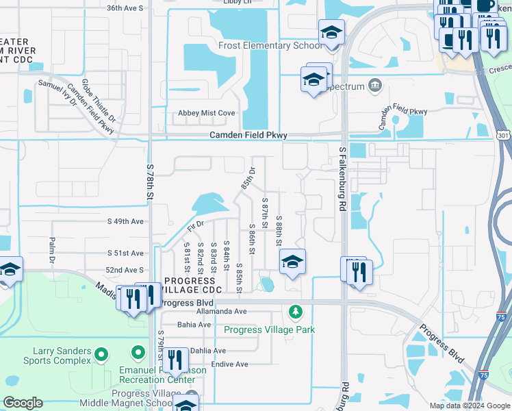 map of restaurants, bars, coffee shops, grocery stores, and more near 4814 South 86th Street in Tampa