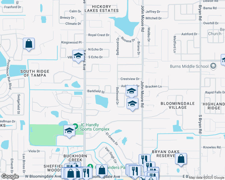 map of restaurants, bars, coffee shops, grocery stores, and more near 604 Barkfield Loop in Brandon