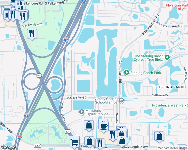 map of restaurants, bars, coffee shops, grocery stores, and more near 4742 Pond Ridge Drive in Riverview