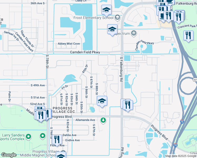 map of restaurants, bars, coffee shops, grocery stores, and more near 4808 South 88th Street in Tampa