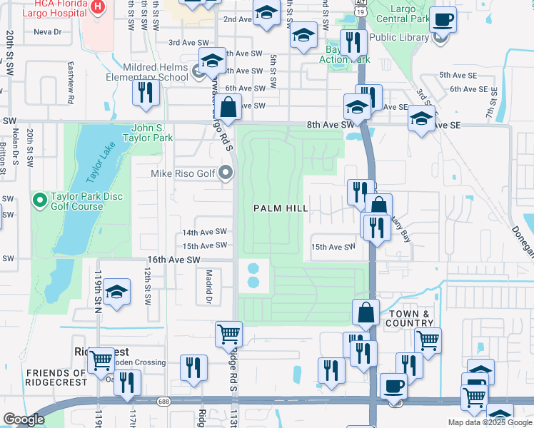 map of restaurants, bars, coffee shops, grocery stores, and more near 46 Sabal Palm Drive in Largo