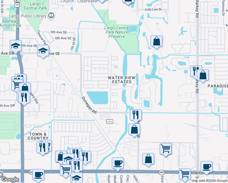 map of restaurants, bars, coffee shops, grocery stores, and more near 1210 14th Circle Southeast in Largo