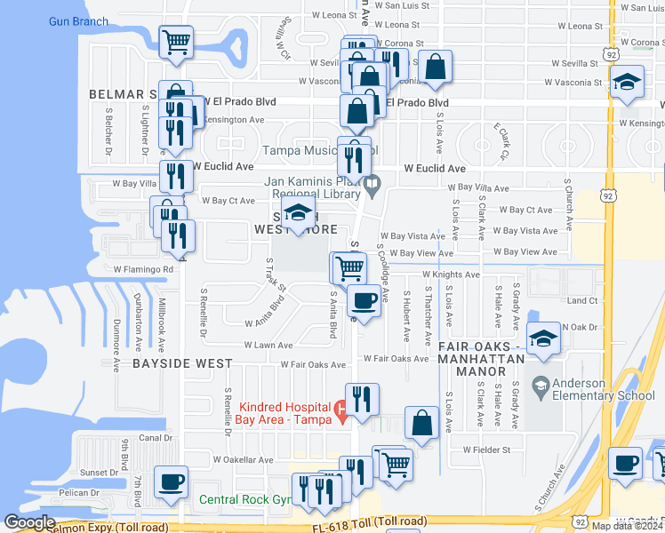 map of restaurants, bars, coffee shops, grocery stores, and more near 4033 South Manhattan Avenue in Tampa