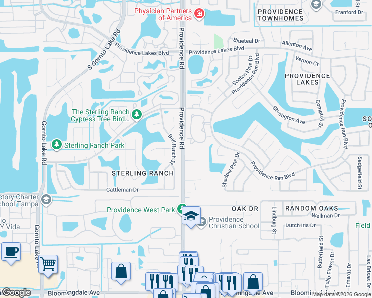 map of restaurants, bars, coffee shops, grocery stores, and more near 1828 Providence Road in Brandon