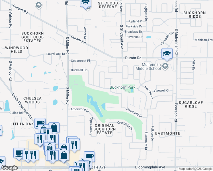 map of restaurants, bars, coffee shops, grocery stores, and more near 2715 Berryknoll Place in Valrico