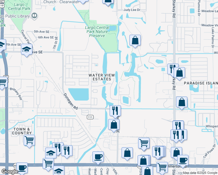 map of restaurants, bars, coffee shops, grocery stores, and more near 1420 Water View Drive West in Largo