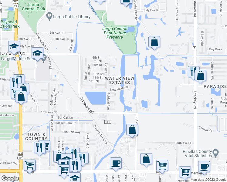 map of restaurants, bars, coffee shops, grocery stores, and more near 1200 14th Circle Southeast in Largo