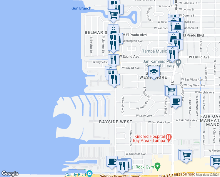 map of restaurants, bars, coffee shops, grocery stores, and more near 4025 South West Shore Boulevard in Tampa