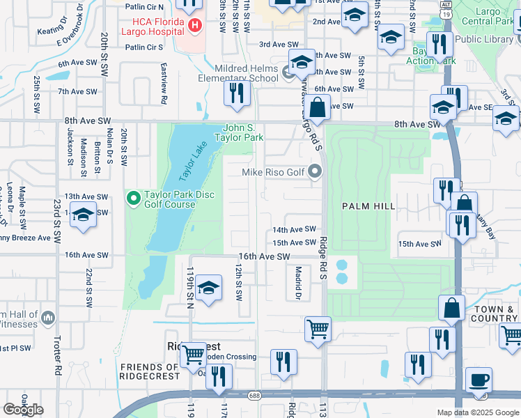map of restaurants, bars, coffee shops, grocery stores, and more near 1410 Parkview Lane in Largo