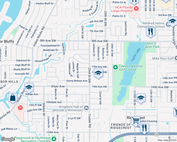 map of restaurants, bars, coffee shops, grocery stores, and more near 2403 14th Avenue Southwest in Largo